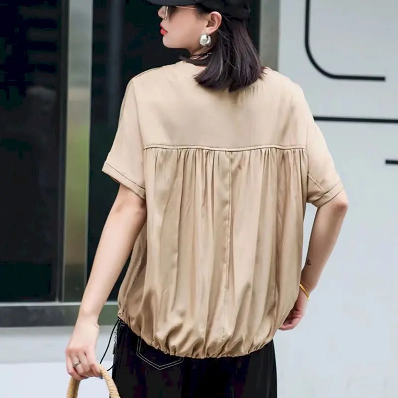 Fashion Drawstring T Shirts Women Loose Drape Design O-neck T-shirt Casual Pocket Short Sleeve Oversized Top Summer Trend Tshirt