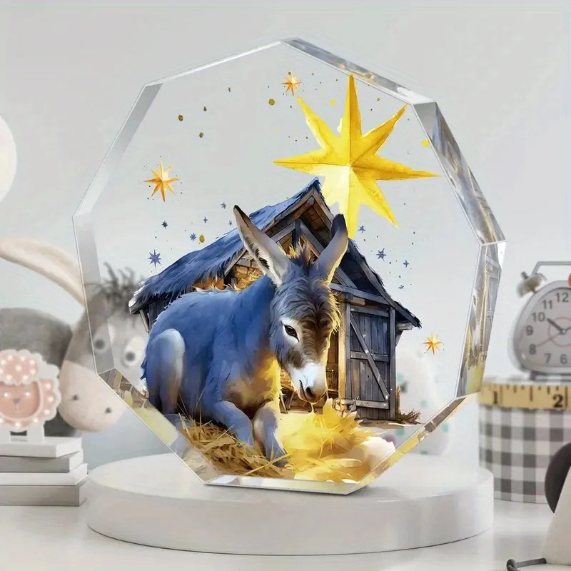 2D， Christmas Donkey Haystack Acrylic Desktop Decoration - Starry Night and Thatched Cottage Design, Home Decoration