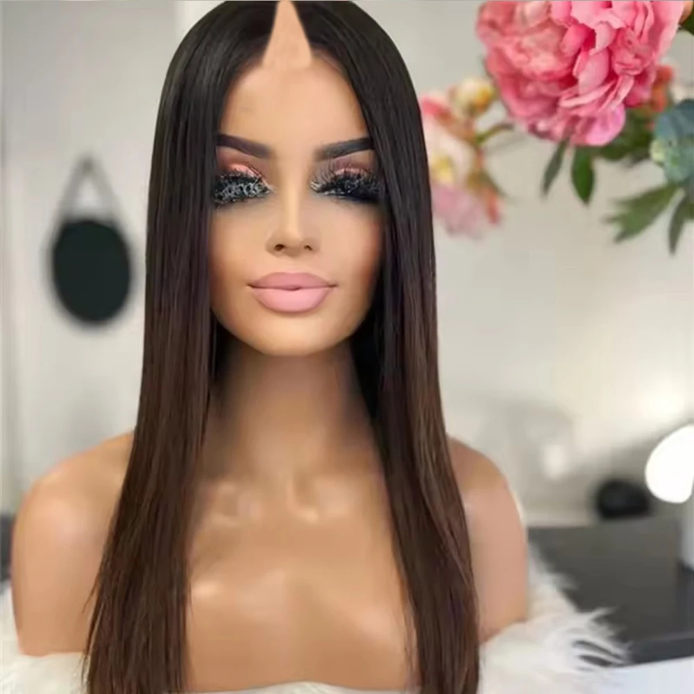 Highlight Dark Chestnut Brown Silky Straight V Part Wig 100% Human Hair Glueless Chocolate U Part Half Wigs Full Ends Daily Wear