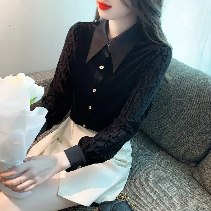 Female Tops Spring and Autumn Black Full Long Sleeve Women\'s Shirt Blouse Button Up Elegant Social Youthful Luxury High Quality