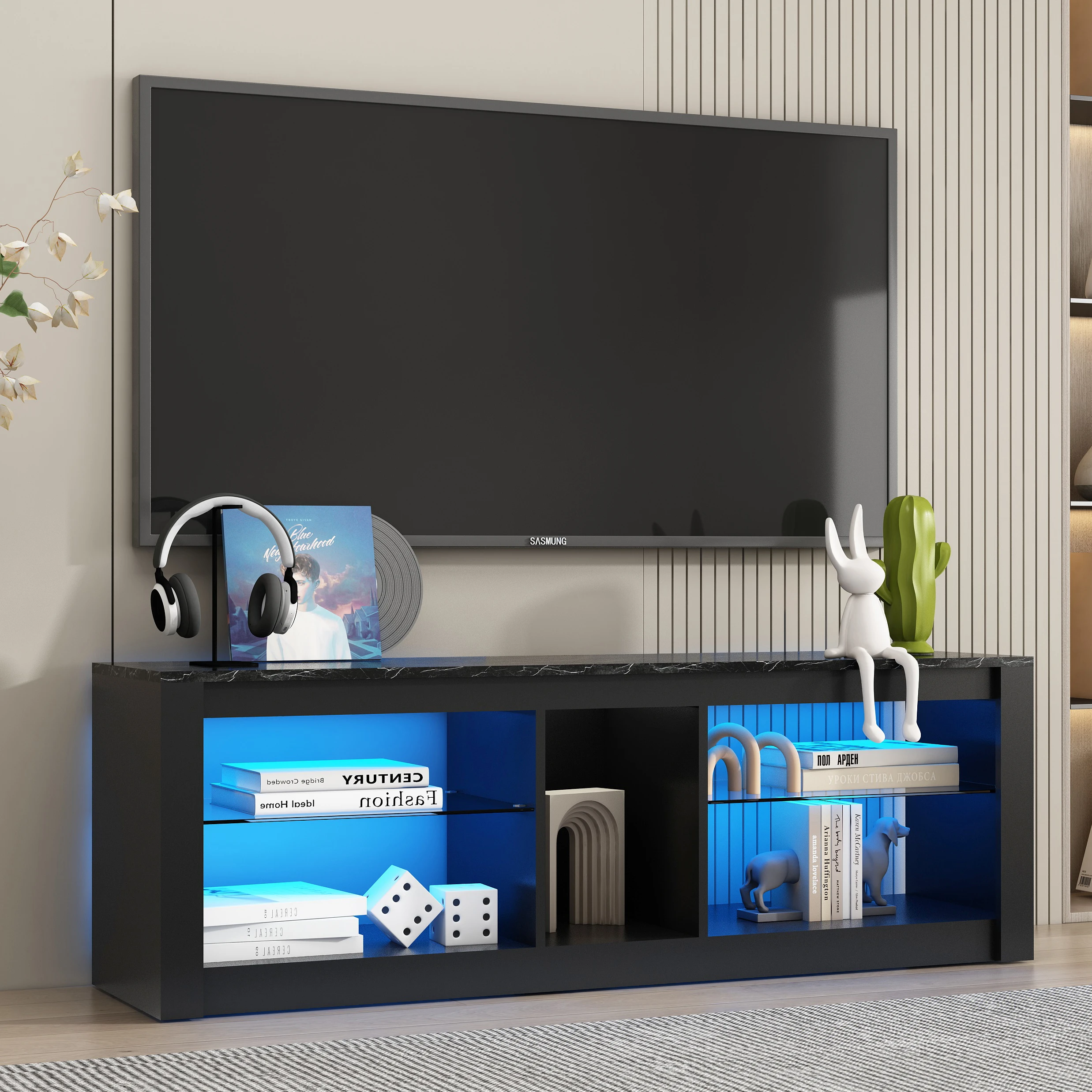 TV Cabinet, Lowboard for 65 Inch & Smaller TVs, 140 x 35 x 47 cm, TV Cabinet with RGB LED Lights, TV Stand with Integrated Cable