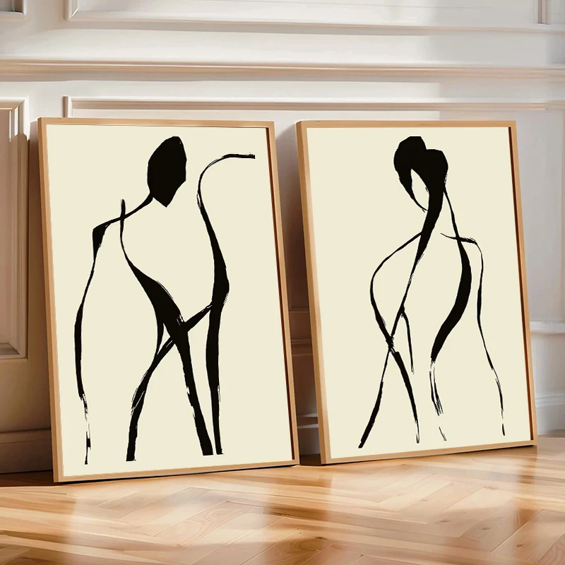 1pc Frameless Abstract Woman Man Figure Ink Line Drawing Minimalist Poster Canvas Print Nordic for Living Room Home Decor Cuadro