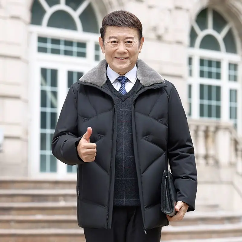 The New Winter Down Jacket for Men Featuring Short Lapel and Fur Collar Thickened and Casual Coat for Middle-aged Elderly Dads