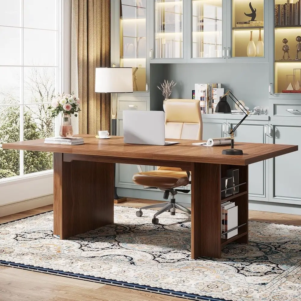 

Large 62.99 Long Writing Desk with Storage for Office or Study Room, Brown