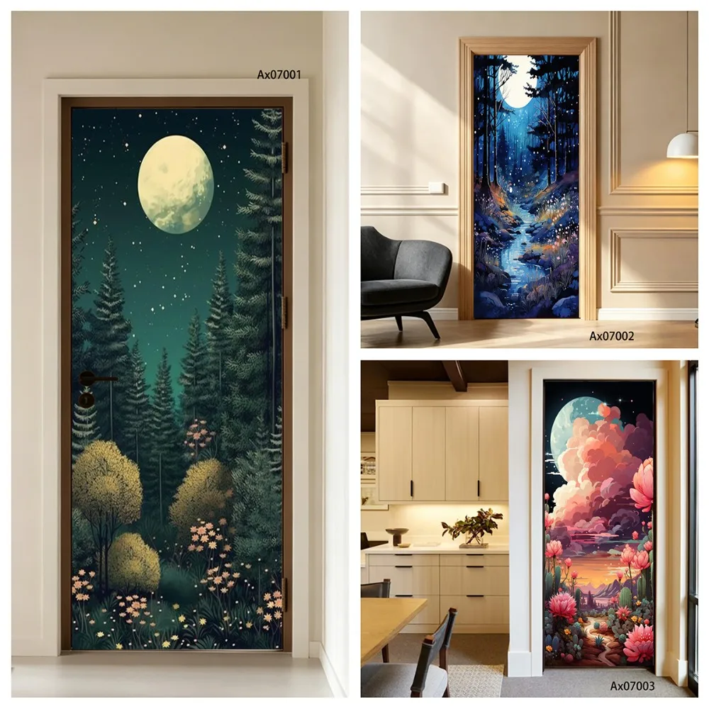 Moon Pine Forest Door Decal Waterproof Removable Sunset Cloud Cactus Pink Flower Desert Scenery Bedroom Entry Door Decor