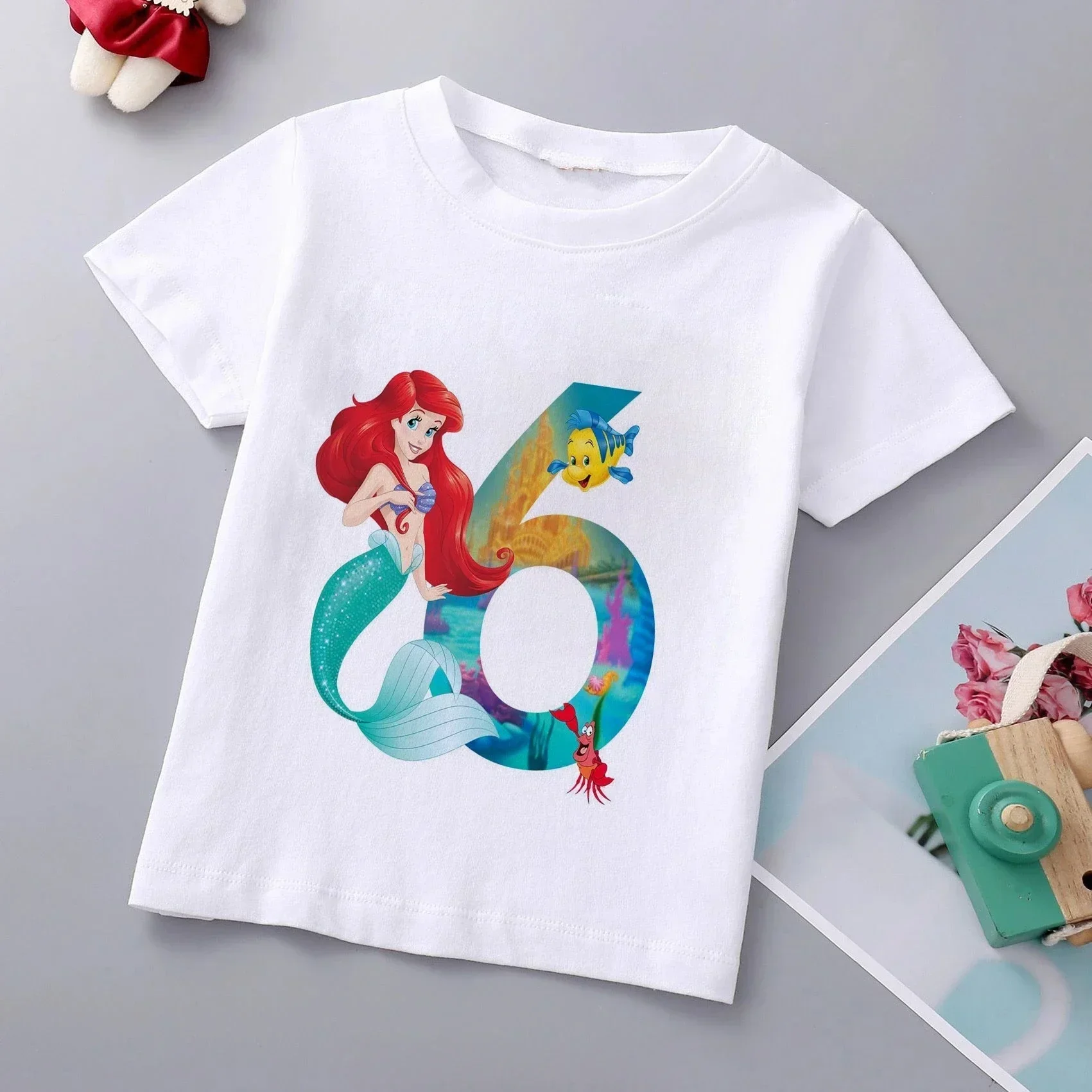 1-9 anni sirena Ariel principessa bambini T-Shirt in cotone Disney Girls Birthday Numble Summer Baby Tee Kid Clothes Cartoon Top