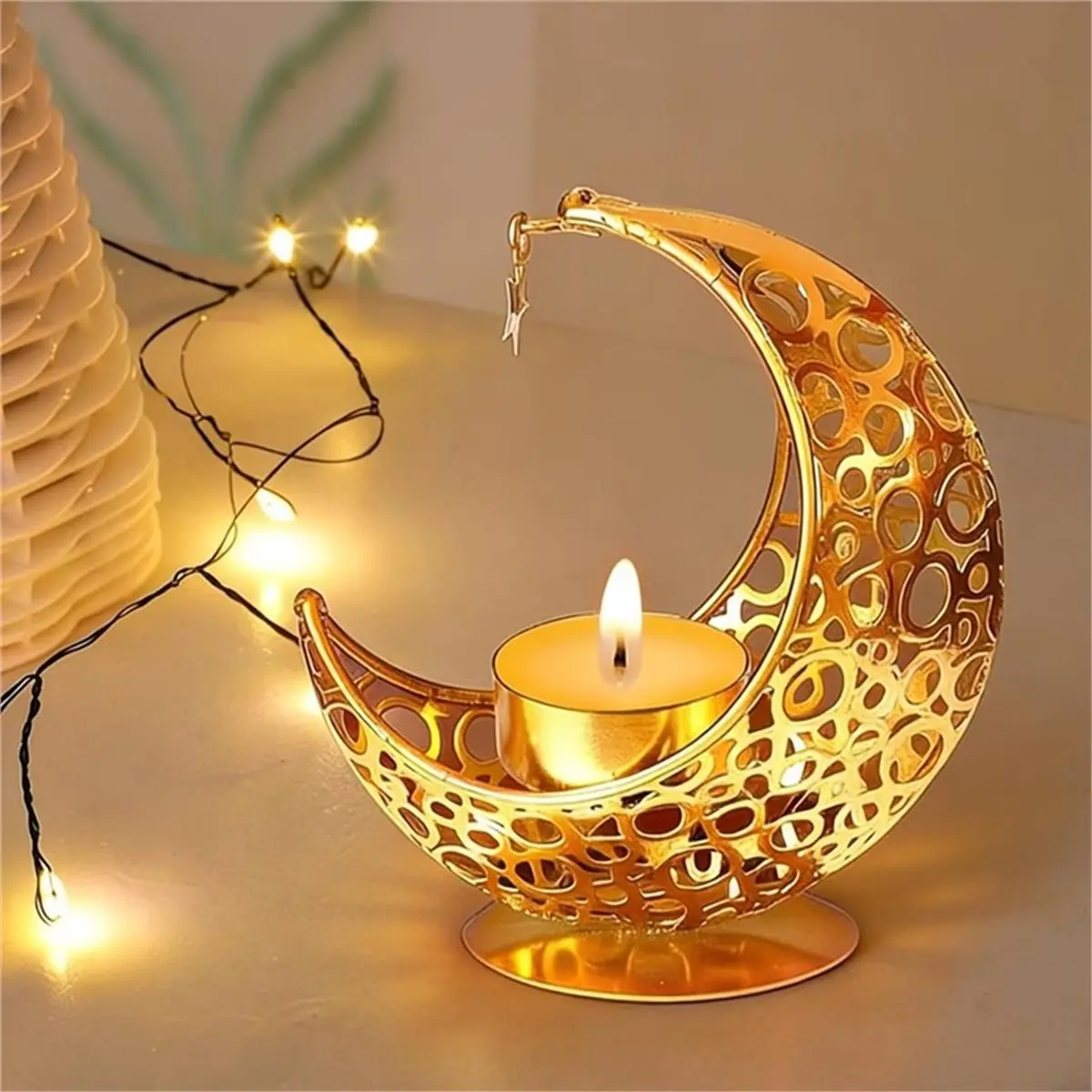 P # O&PUL*&AR Ramadan Teelichthalter, Goldener Mondförmiger Kerzenständer, Wohnzimmer Kerzenhalter Dekoration Teelichthalter