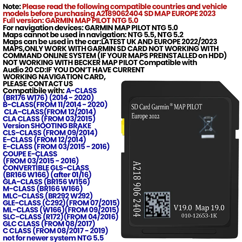 Latest UK and Europe 2022/2023 Map, A2189062404 Full Version: GPS SD Card for Mercedes-Benz GARMIN MAP PILOT NTG 5.0