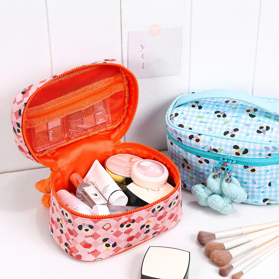 Cotton Bow Makeup Bag for Women Nylon Quilted Travel Cosmetic Bag with Zipper Sweet Aesthetic Toiletry Bag Skincare Storage Bags