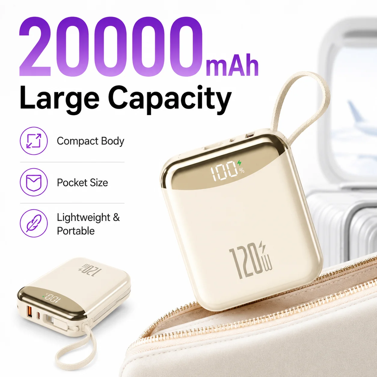 120W Super Fast Charging Power Bank, Built-in Cables, 20000mAh Large Capacity, Compact & Portable, Universal for Phones