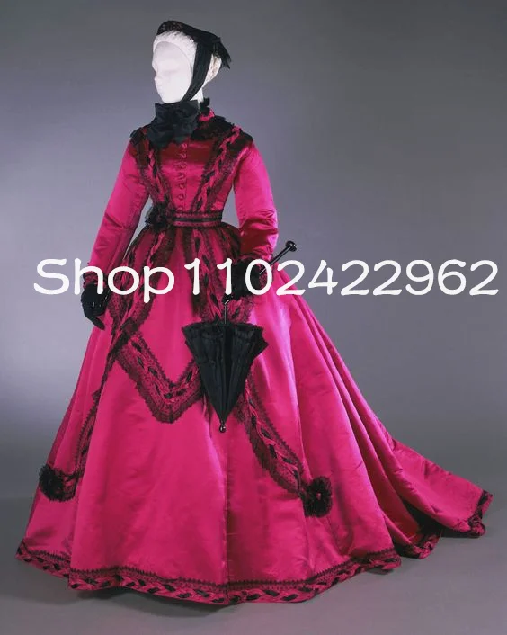 Fuchsia Hot Pink Victorian and Edwardian Prom Party Dresses Cosplay Long Sleeve Historial Fashion Walk Evening Gowns