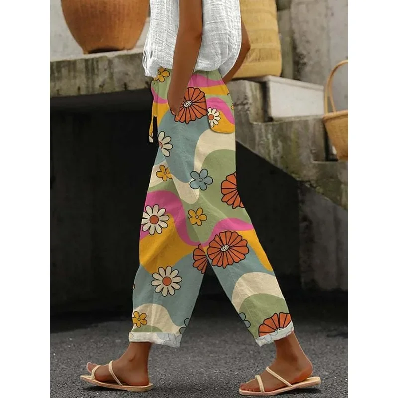 Pantalon à jambes larges avec imprimé floral pour femme, pantalon décontracté avec bouton, pantalon rétro, été cool, fjbotanique