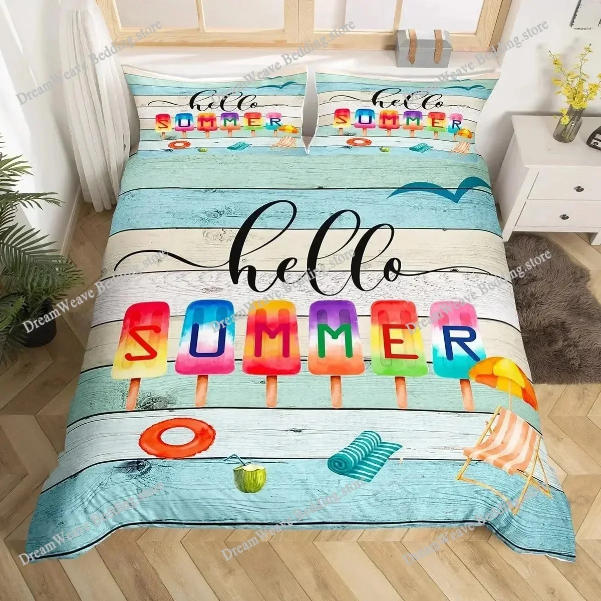 Hello Summer Duvet Cover Set Watercolor Watermelon Fruits Bedding Set Summer Holiday Theme Blue Rustic Cabin Comforter Cover