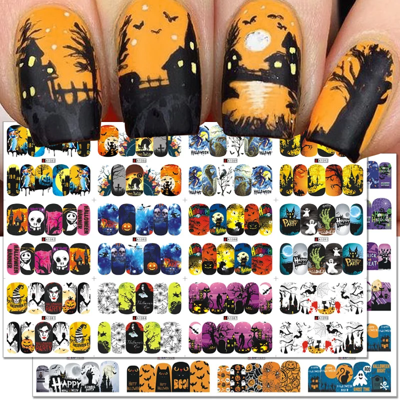 12pcs Halloween Nail Stickers Ghost Bride Clown Scars Cartoon Snake Skull Water Transfer Foils Sliders Decorations for Manicure