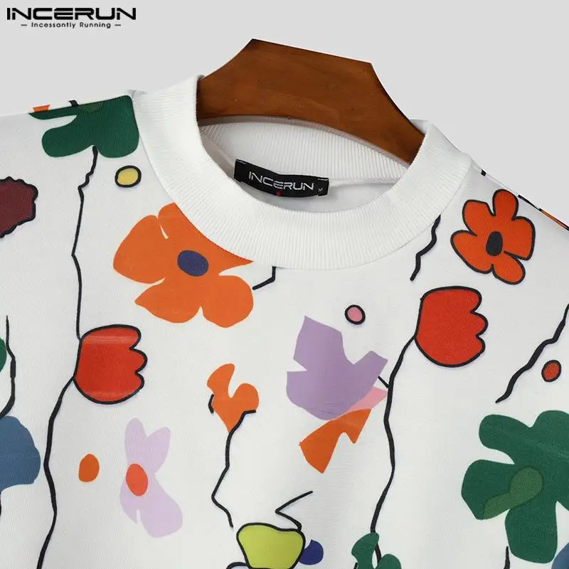 Fashion Well Fitting Tops INCERUN 2024 Men\'s Colorful Floral Print Pullover Sweatshirts Casual Personality Long Sleeved Sweaters