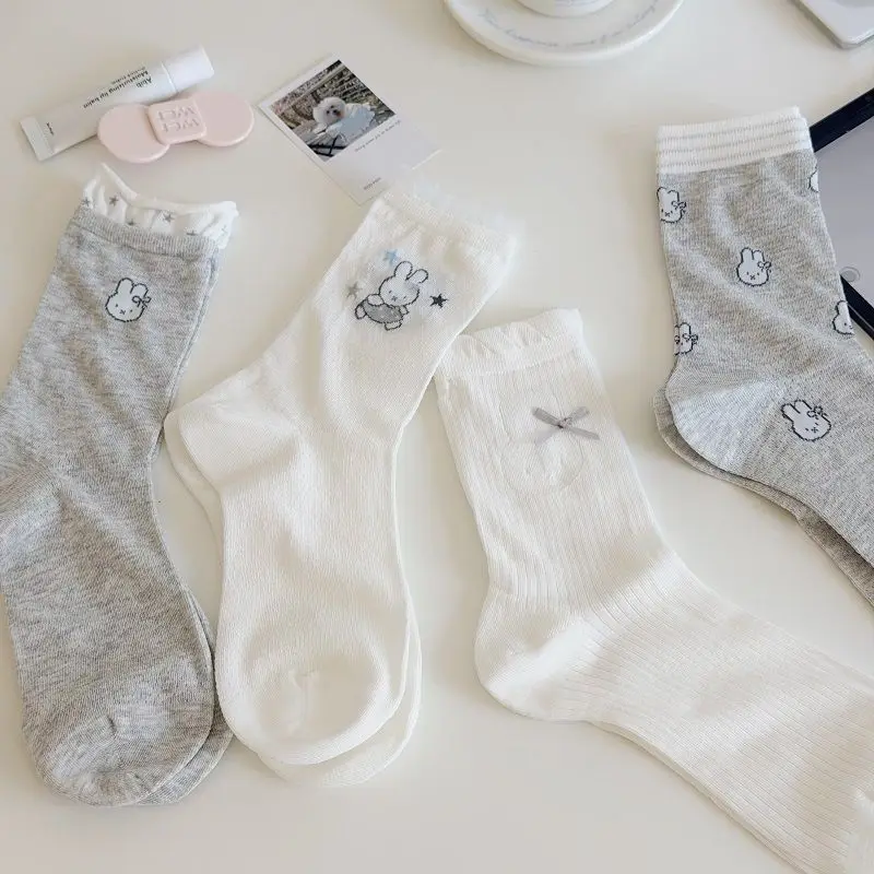 Cute Miffy Crew Socks for Girls, Summer Thin Mesh, White & Gray Cartoon Style view 2
