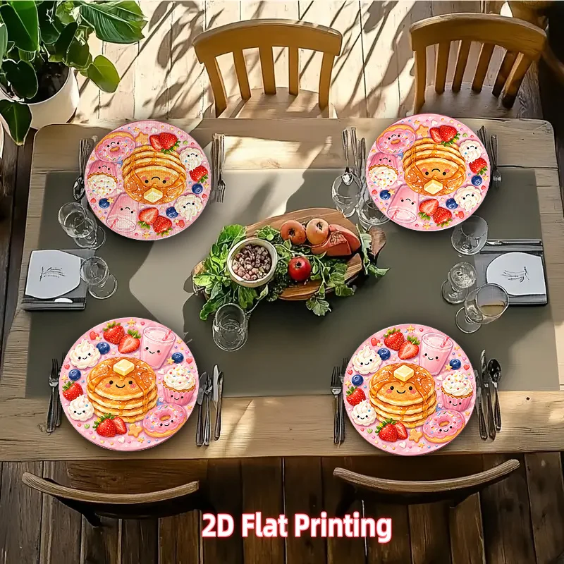 VIKAMA Cute Kawaii Food Round Placemats Set of 4 Pink Pancakes Strawberry Dinner Mats Kids Dessert Decor Heat Resistant Washable