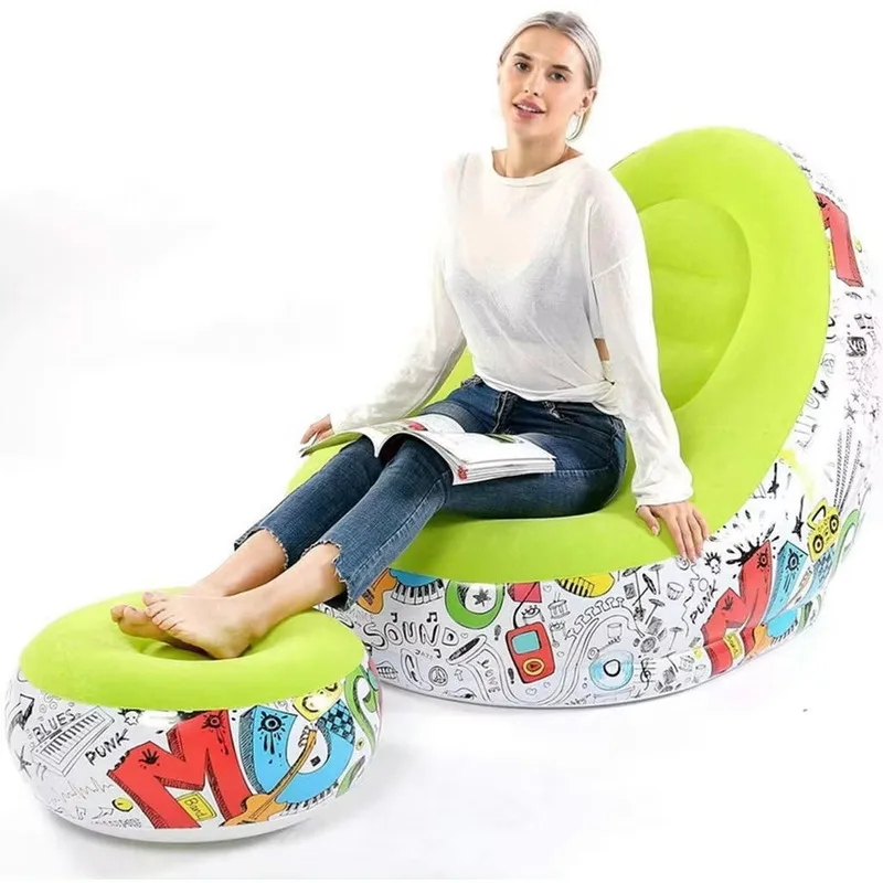 

Inflatable Lounge Chair With Ottoman Blow Up Chaise Lazy Sofa Set Pvc Flocked Couch Portable Seats Deck Chair Soft Comfortable