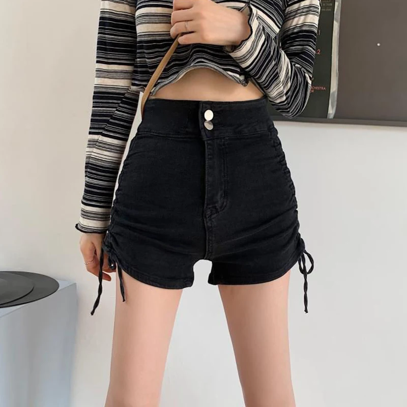 

Summer Girls Chic Double Button Solid Jeans Lady Korean Fashion High Waist Denim Shorts Women Thin A-Line Short Pants