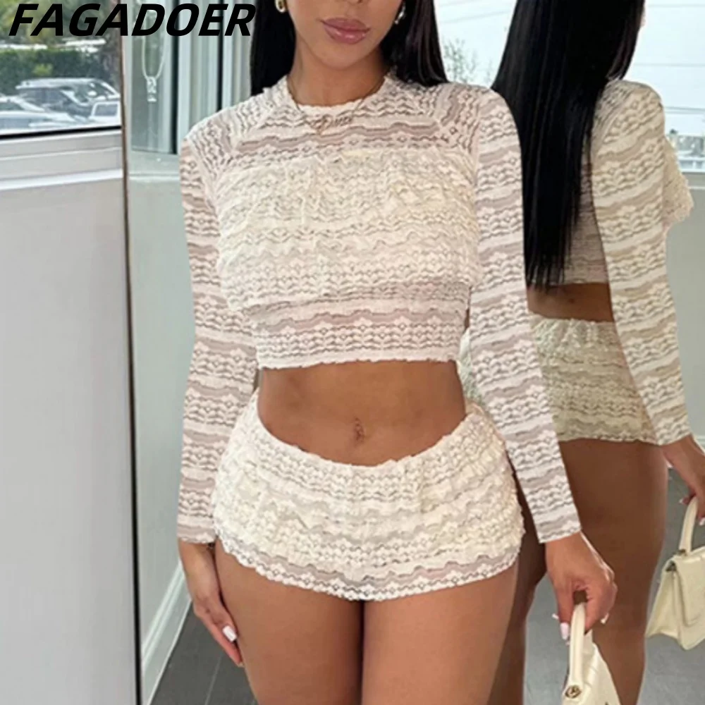 

FAGADOER Sexy Lace Perspective Hollow Ruffle Two Piece Set For Women O Neck Long Sleeve Crop Top And Mini Skirts Shorts Outfits