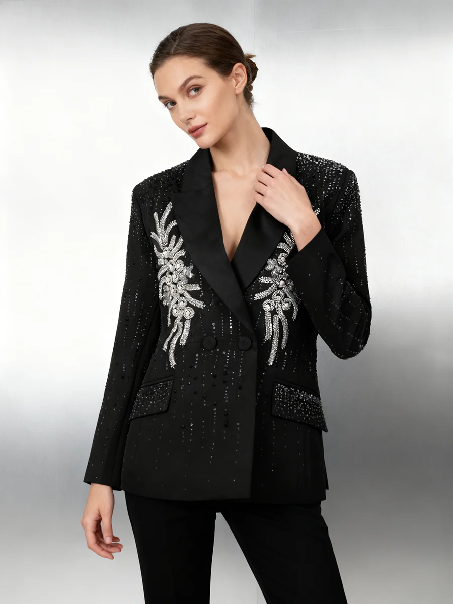 TWOTWINSTYLE Solid Slimming Spliced Beading Luxurious Blazers for Women Lapel Long Sleeves Tunic Patchwork Hot Fix Blazer Female