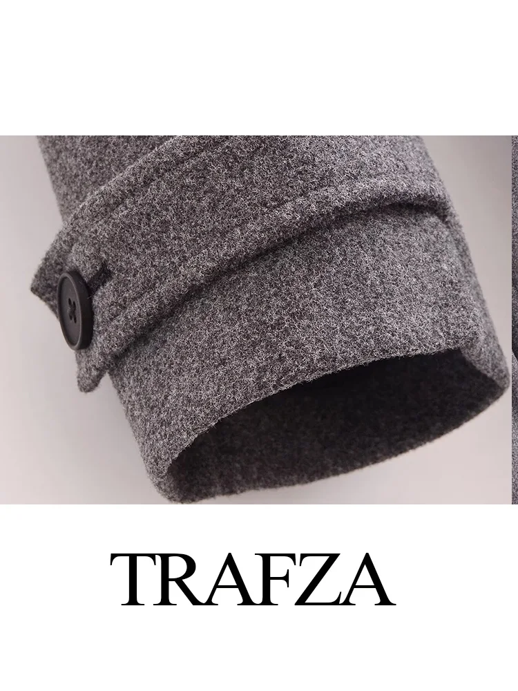 TRAFZA-Manteau Décontracté en Laine pour Femme, Poches Grises, Col Rabattu, Manches sulf, Double Boutonnage, Ceinture, Automne