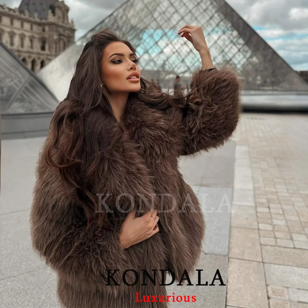 KONDALA Vintage Chic Brown Women Fur Coats Long Sleeve Turn Down Collar Overszied Jackets Fashion 2026 Thick Warm Spring Outwear