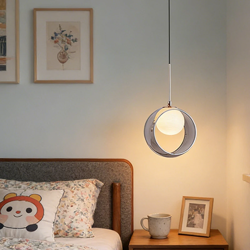 Nordic Style Ring Pendant Lamp E27 Socket Milky Glass Globe Hanging Light Kitchen Island Dining Room Bedroom Bedside Decor