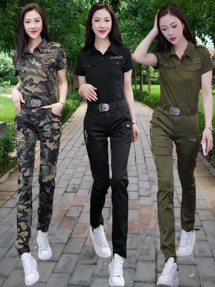 屋外迷彩服半袖襟付きtシャツセット女性用夏用ミリタリーグリーンパンツスリムフィットブラックロングパンツツーピースセット