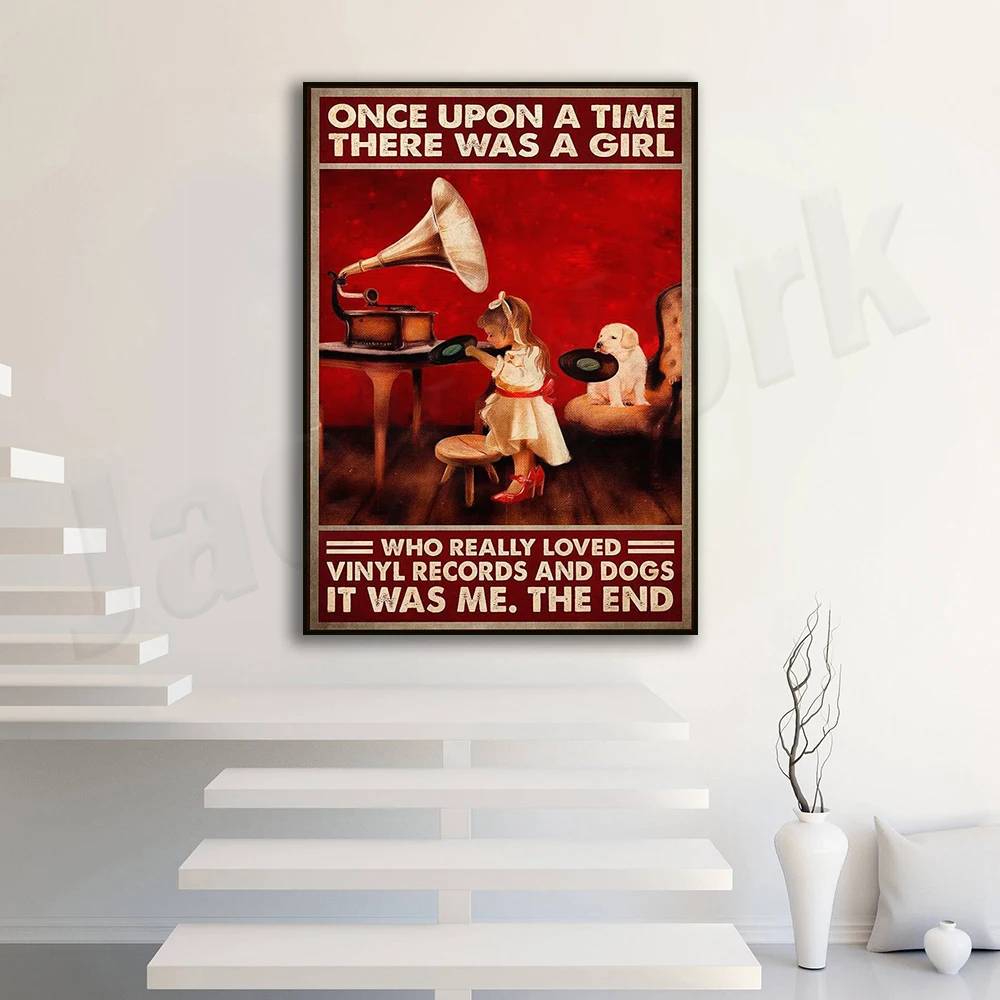 Vinyl records and dog art, there is a girl who really loves vinyl records and dogs, dog owners love vinyl records poster gift
