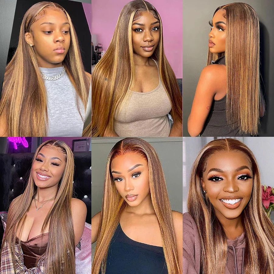 34インチ ストレート人毛ウィッグ ハイライトウィッグ 人毛13x4 HDレースフロントウィッグ ストレートウィッグ 13x4 4/27 ハニーブロンド オンブレウィッグ