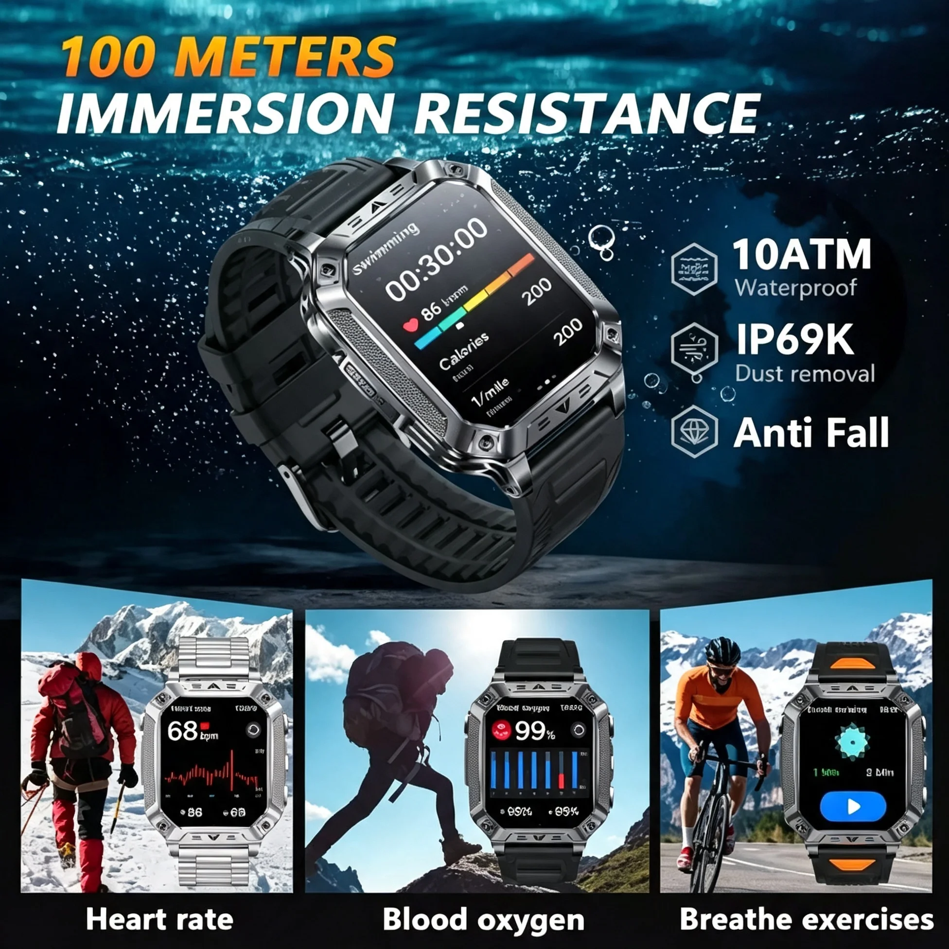 New Outdoor Military 1400mAh Battery Smart Watch calling flashlight Men Sports SOS Flashlight IP68 Waterproof Bluetooth Call