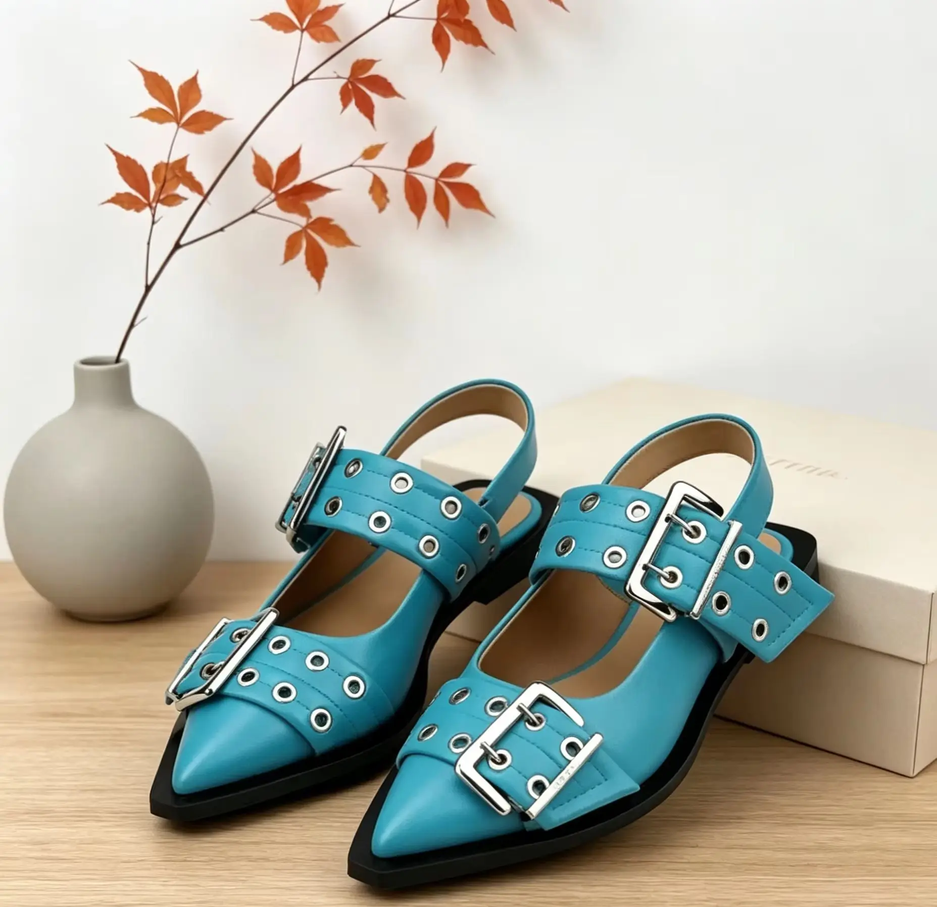 Rivet Eyelet Double Buckle Pointed Toe Slingback Flat Large Size Sandals Glossy Patent Punk Daily Street Casual Pumps Sexy Shoes