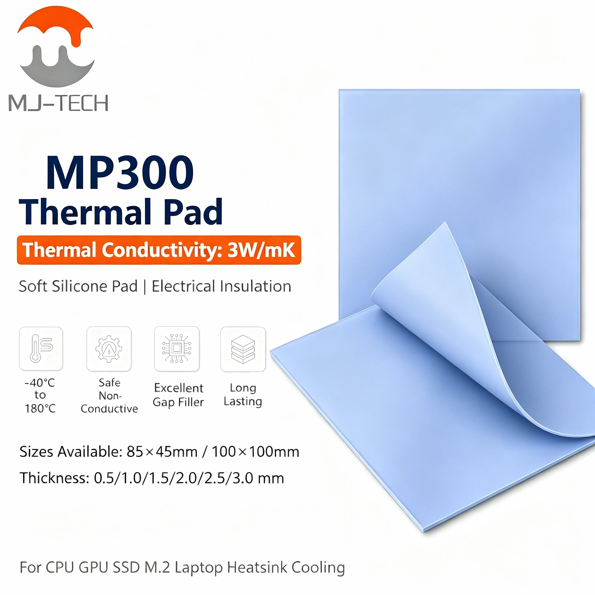MJ-TECH MP300 3W/mK Thermal Pad Silicone Gap Filler 0.5-3.0mm For CPU GPU M.2 SSD Laptop Heatsink Cooling