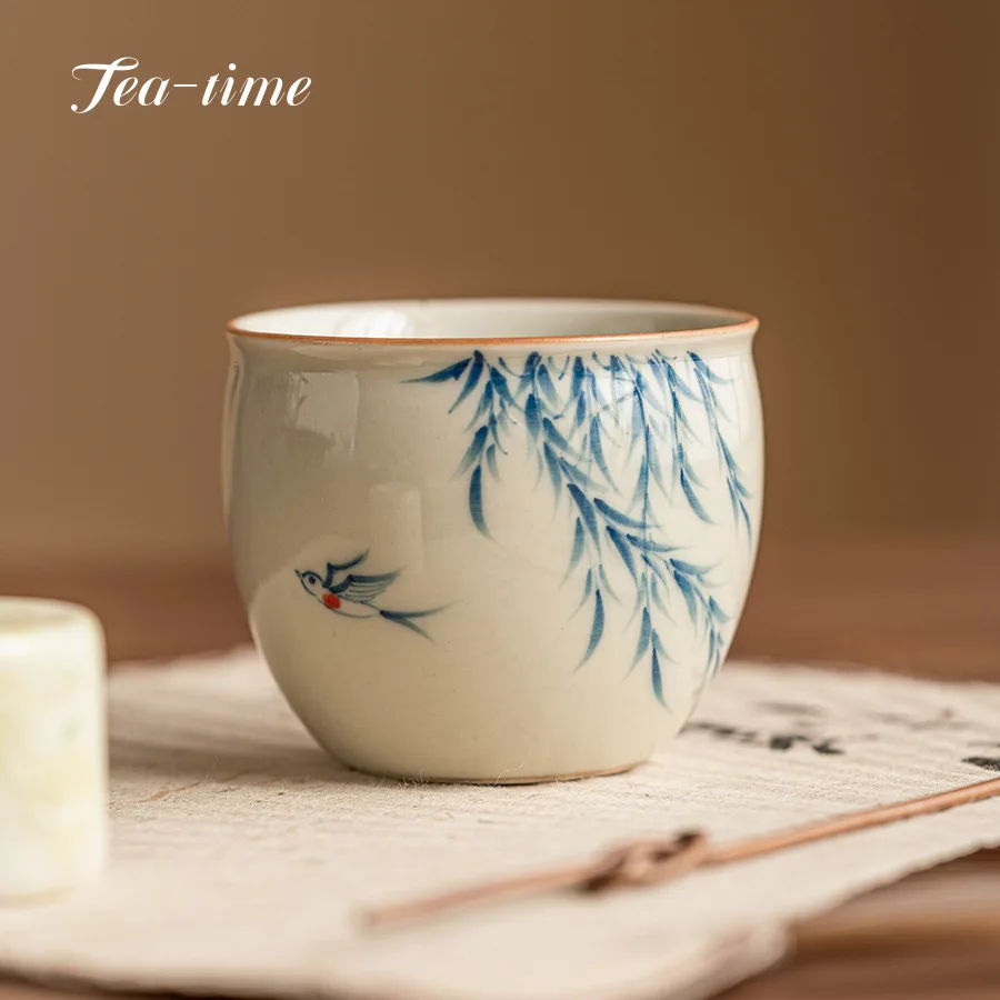 80ml Pure Hand-painted Willow Swallow Ceramic Teacup Cylinder Cup Plant Ash Puer Tea Bowl Master Cup Tea Bowl Kung Fu Teaset