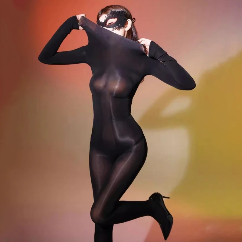 

5D масляные блестящие чулки с длинными рукавами для всего тела, женские сексуальные ночные костюмы с открытой промежностью, эластичный нейлоновый комбинезон больших размеров, боди