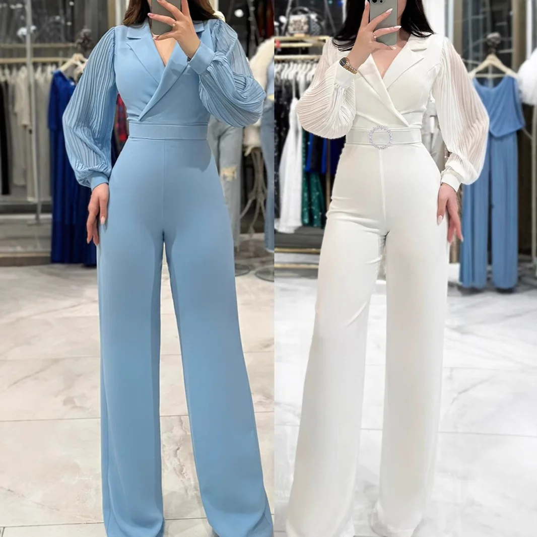 

Женский приталенный костюм с длинным рукавом, воротником-стойкой, однотонный, с отворотами, цельный, с высокой талией, длинные брюки, удобный, для повседневной носки