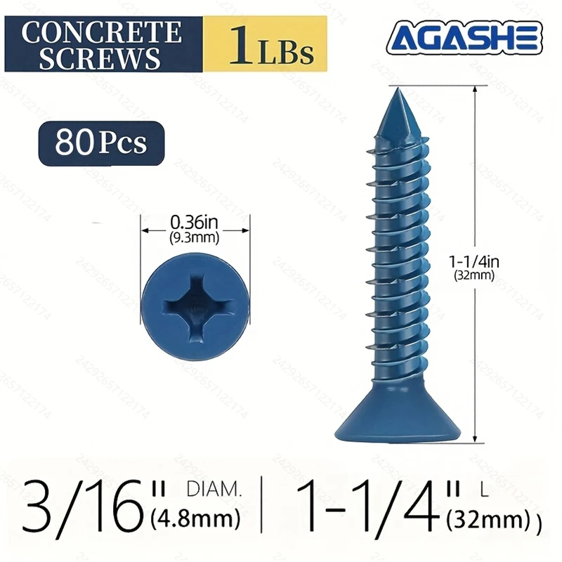 AGASHE 80Pcs 3/16' X 1-1/4' Concrete Screw Anchors with 2 Drill Bits. Blue Coated, Rust-Resistant Hex Head Screws for Masonry, B