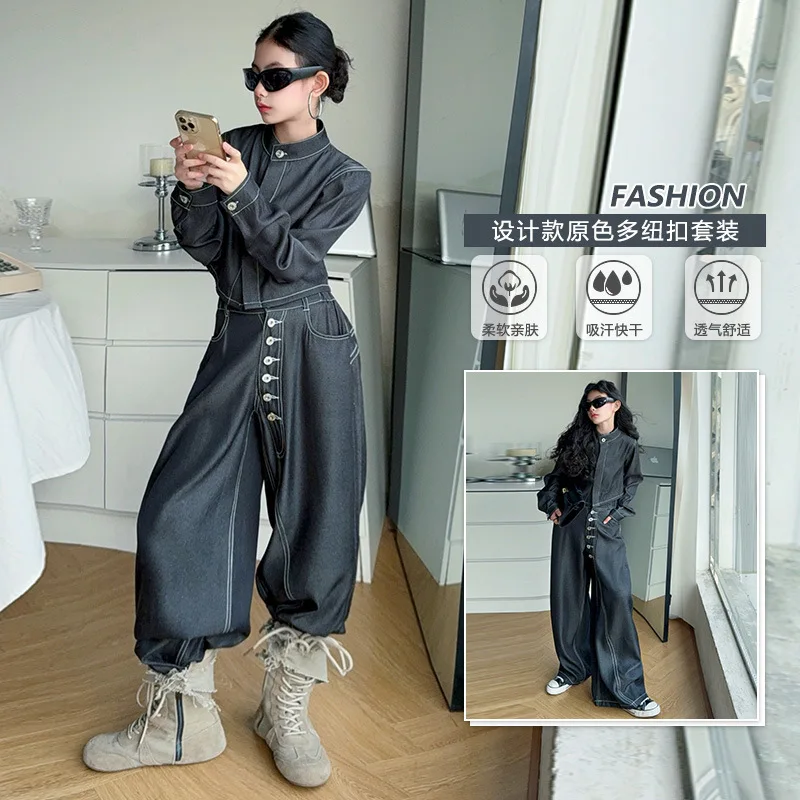 

Korean design teen girl denim clothes set Stand up collar cowboy jacket+button wide leg pants 2pcs junior kid suit child outfits