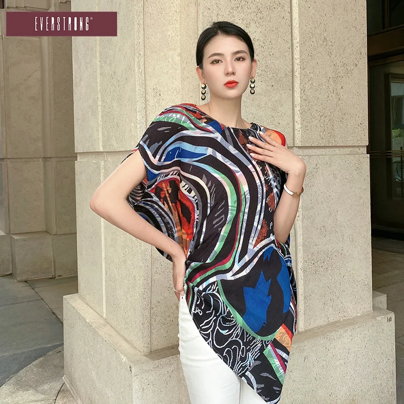 IN  STOCK Euro-American style asymmetrical loose plus size European version long T-shirt  pleated T-shirt HOT SELLING