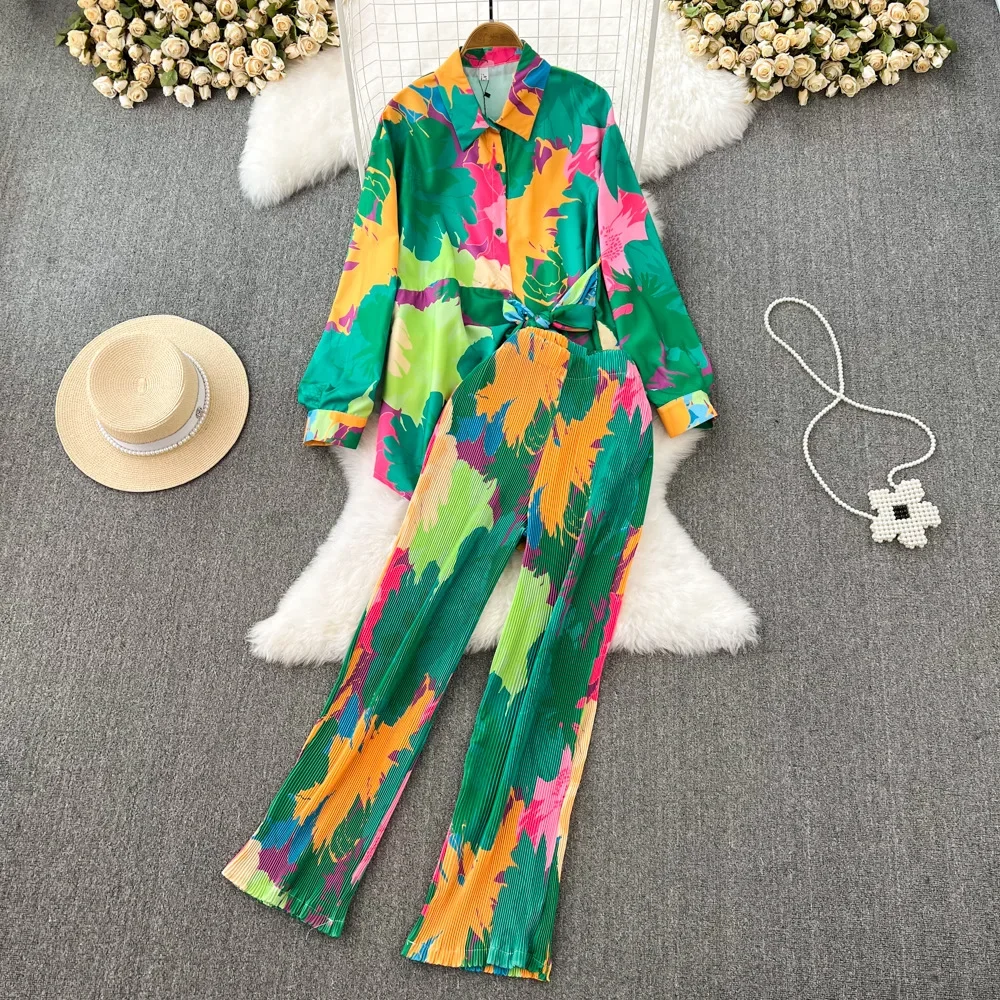 Women Pajamas Set Loose Tie-dyed Trousers Suit Vintage Shirts Blouses Wide Leg Pantsuit Female Fashion Boho 2 Pieces Outfits