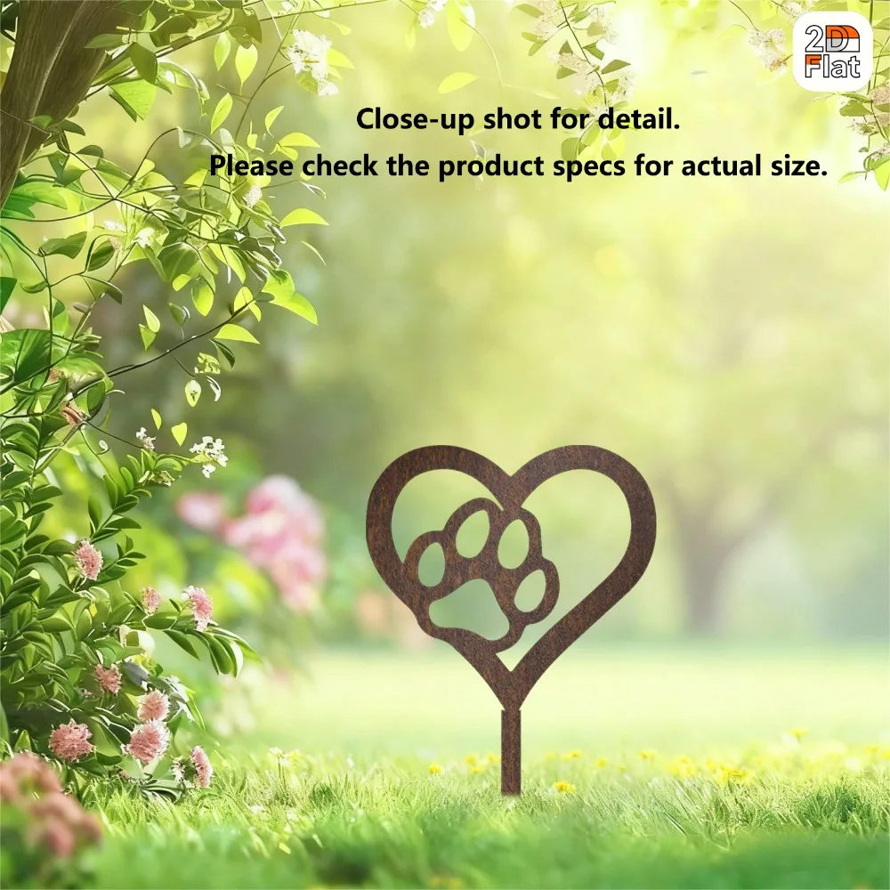 CIFBUY 2D Flat Iron Wall Decor, Rustic Paw Print Heart Design & Outdoor Lawn/Garden Stake Sculpture, Pet Lover Gift
