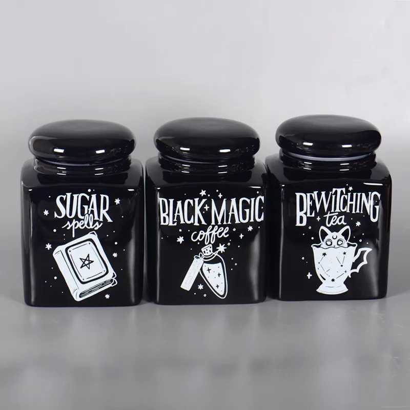 Gothic Black Storage Jar With Lid Cartoon Vintage Ceramic Storage Tank Halloween Candy Cookies Storage Box Home Halloween Decor