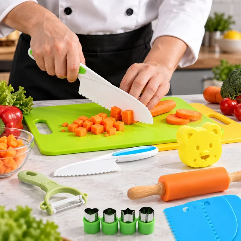  Kids Cooking Cutter Set Toddler Knife for Real Cooking Kids Kitchen Knife with Cutting Board Crinkle Cutters Kid Safe Knives