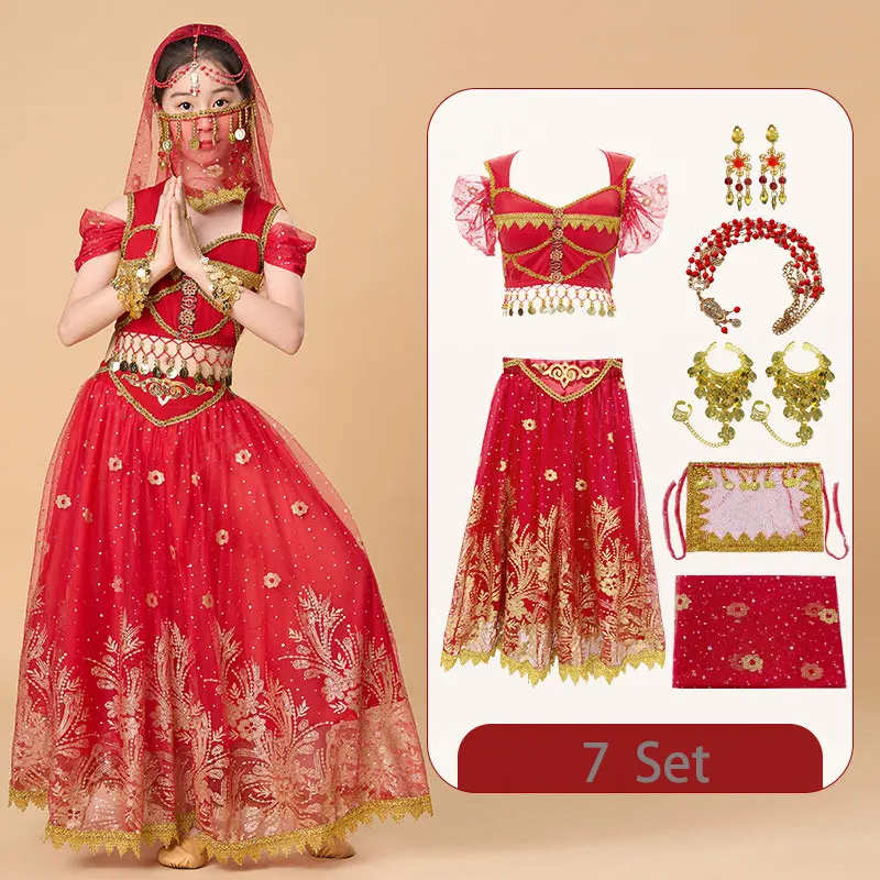 

Girl Belly Dance Costume Set Oriental Indian Arab Kids Princess Clothing Stage Performance Wear Outfit Top+Dress Practice Dress