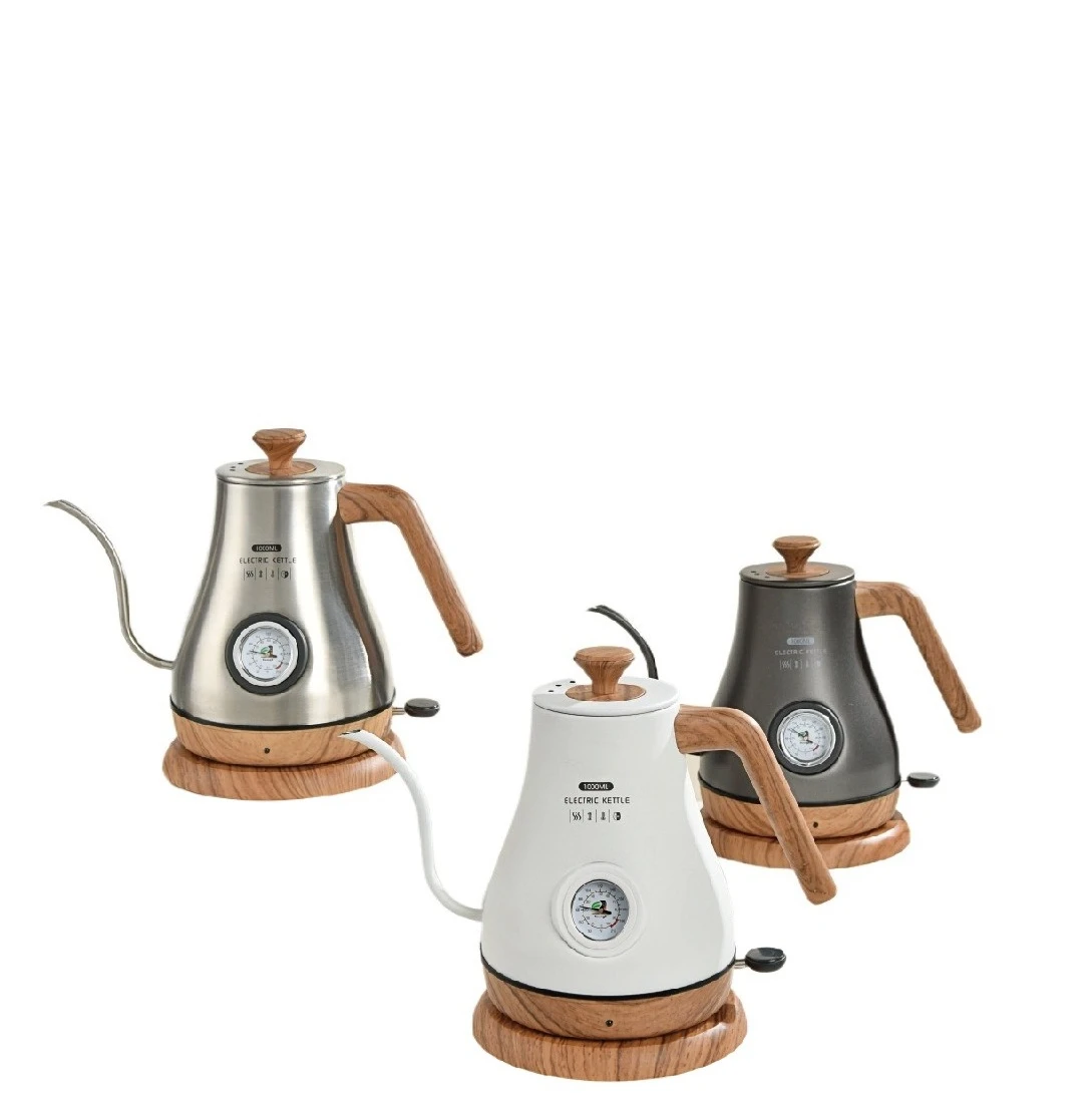 Stainless steel electric kettle, constant temperature, dry-boil protection, retro style, painted wood grain, visible temperature
