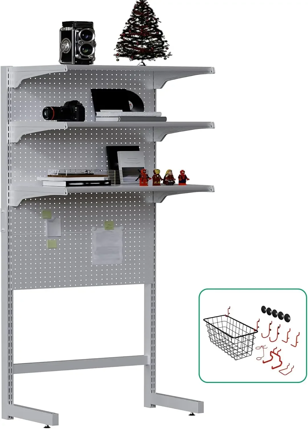

Standing Pegboard Shelf Unit, 30'' White Home Office shlef cabinets with Metal Pegboard and 15 Pieces Organizer Tool Holders