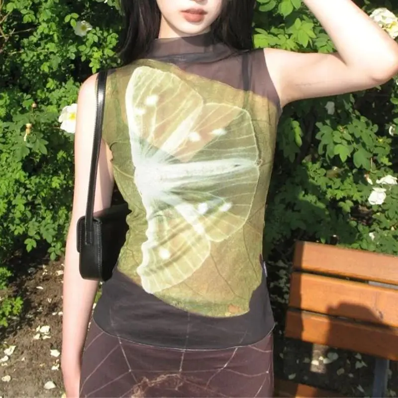 

See Through Summer Tops Tanks Gothic Y2k Mesh Tops Sleeveless T-shirts Patchwork Tank Tops Korean Fashion Grunge Emo Aesthetics