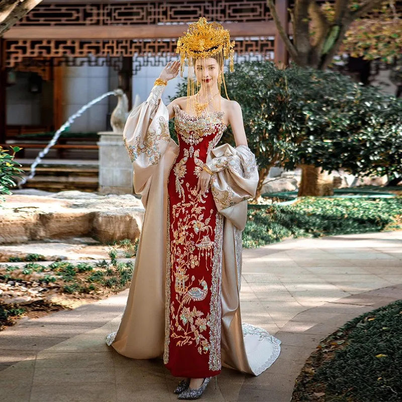 

Red strapless toasting new Chinese-style knot heavy fish-tail dragon and phoenix sewn skirt