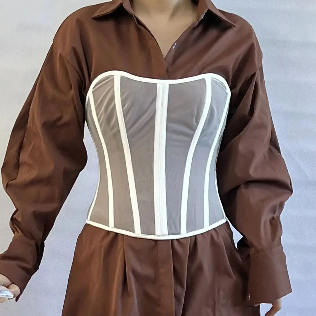 Transparent Mesh Shaper Bones Push Up Body Corset Crop Top Women Lace-up Abdomen Shapewear Slim Waist Girdles Tight Tops Bustier